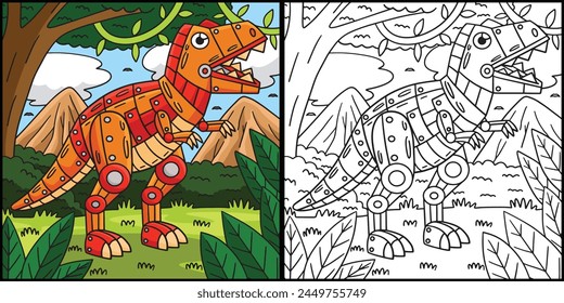 Robot T Rex Coloring Page Colored Illustration