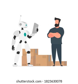 A robot with a tablet checks the goods. Robot with cardboard boxes. The concept of deliver and industry of the future. Isolated. Vector.