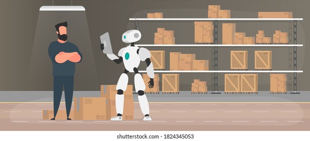 A robot with a tablet checks the goods. Robot with cardboard boxes. The concept of deliver and industry of the future. Vector.