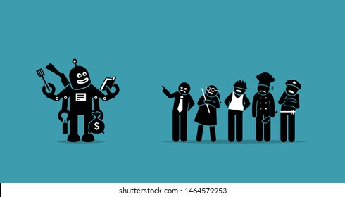 Robot taking over human jobs in the future. Vector artwork depicts a robot working on everything and people are worry about their occupations being replaced and taken over. This is AI automation. 