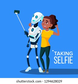 Robot Taking A Selfie With Smartphone Vector. Isolated Illustration