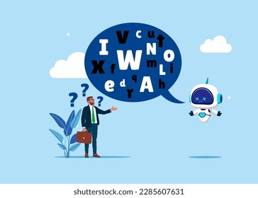 Robot talk with jargon word in speech make user confused. Difficult to explain. Artificial intelligence technology. Flat vector illustration.