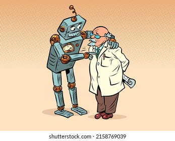 The robot talks to the professor, artificial intelligence and the human mind. Two friends