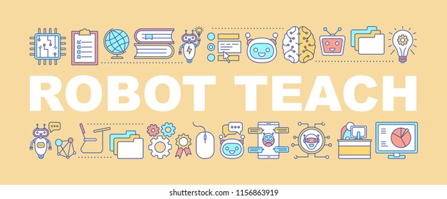 Robot teach word concepts banner. Machine learning. AI. Artificial intelligence. Isolated lettering typography idea with linear icons. Vector outline illustration