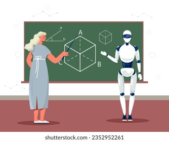 Profesor robot con el concepto de pizarra. Inteligencia artificial y aprendizaje automático. Tecnologías e innovaciones modernas. Conocimiento y sabiduría, aprendizaje y enseñanza. Dibujo vectorial plano de dibujos animados