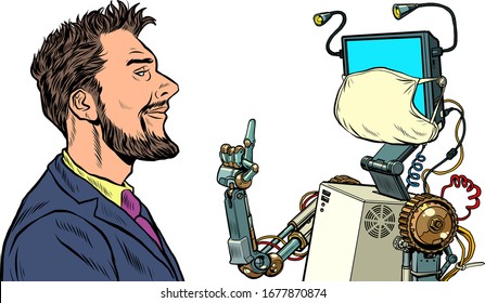 The robot teacher. Distance education during the epidemic. Pop art retro vector illustration vintage kitsch 50s 60s style