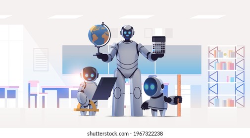 robot teacher with robotic students standing in classroom artificial intelligence technology concept