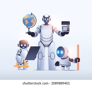 robot teacher with robotic students standing together artificial intelligence technology concept