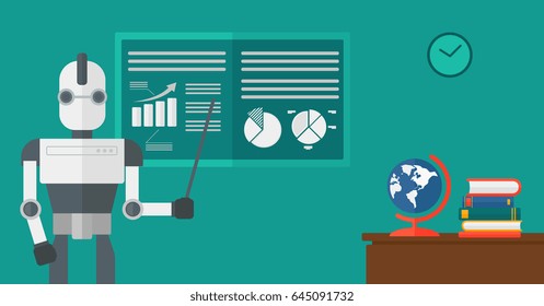 Robot teacher standing in front of board with a pointer. Robot teacher standing with a pointer in classroom. Robot teacher holding pointer in hand. Vector flat design illustration. Horizontal layout.