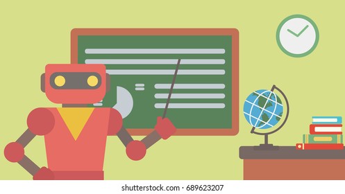 Robot teacher standing in front of board with a pointer. Robot teacher standing with a pointer in classroom. Robot teacher holding pointer in hand. Vector flat design illustration. Horizontal layout.
