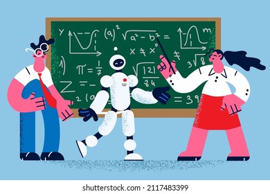 Robot teacher and students work together at blackboard at university classroom. Digital assistant and people brainstorm at board in college class. Artificial intelligence. Flat vector illustration. 