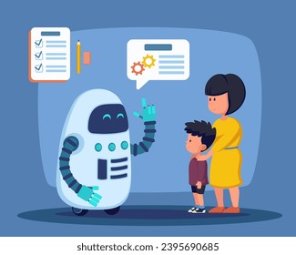 Profesora de robots hablando con la madre y el niño escolar ilustrando el vector. Robot explica cómo usarlo para enseñar a los niños. La tecnología moderna en el concepto de educación