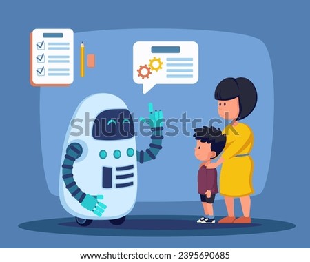 Robot teacher talking to mother and school boy vector illustration. Robot explaining how to use it for teaching child. Modern technology in education concept