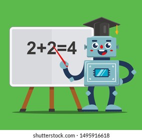 Robot teacher teaches children in the classroom. school of the future. flat vector illustration.