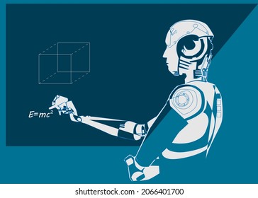 The robot teaches the board by writing physics and math signs and information on the board. machine learning concept design with artificial intelligence simulator teacher