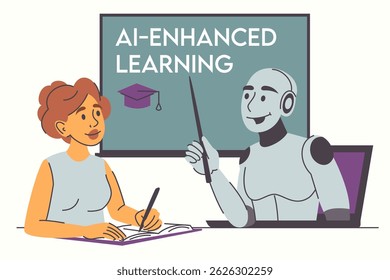 Robot teaching female person vector isolated. AI technology in education. Futuristic teacher, modern technology in learning area. Online tutor.