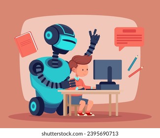 Robot teaching little boy to work on computer vector illustration. Book, pencil, message icon on background. Modern technology in education, artificial intelligence concept