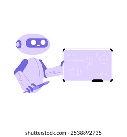 Roboter-Unterricht auf Whiteboard in einer flachen Vektorgrafik, die Bildung, Technologie und Wissensaustausch symbolisiert, einzeln auf weißem Hintergrund