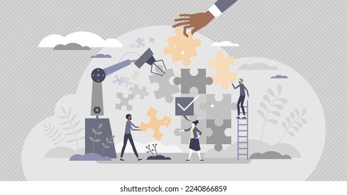 Robot teamwork puzzle as factory 4.0 manufacturing automation tiny person concept. Futuristic scene with technology assistance and business development with engineering advantage vector illustration.