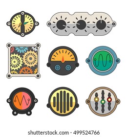 Juego de iconos Robot técnico del medidor colorido. Panel de alimentación, control del barómetro de interfaz. Estilo plano. Ilustración vectorial aislada en fondo blanco.