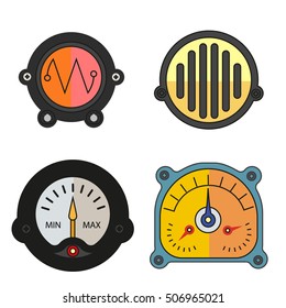 Roboter-technische Farbmesser-Icons gesetzt. Power Panel, Interface Barometer Steuerung. Flacher Stil. Vektorgrafik einzeln auf weißem Hintergrund.
