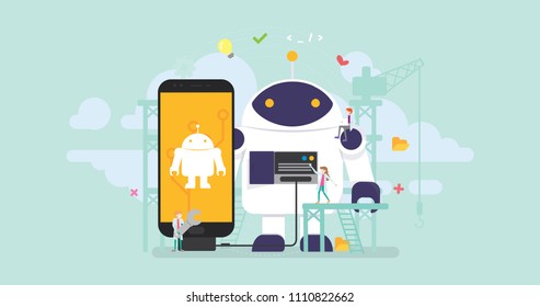 Robot Technology Development Tiny People Character Concept Vector Illustration, Suitable For Wallpaper, Banner, Background, Card, Book Illustration, Web Landing Page, and Other Related Creative