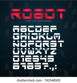 Robot Technology font. Geometric, sport, futuristic, future techno alphabet. Letters and numbers for military, industrial, hi-tech logo design. Modern minimalistic vector typeface