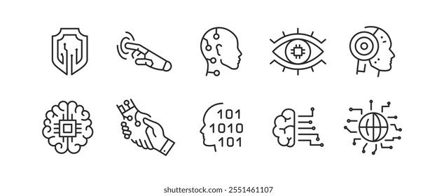 Robot technology icons. Set of 10 AI technology minimal icons. Brain, Microchip, AI Interface, Robotics, Binary Code icon. Design signs for web page, mobile app, packaging design. Vector illustration