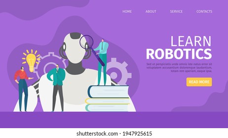 Robot technology, learn robotics concept vector illustration. Artificial intelligence futuristic machine for science, web page. Man woman character