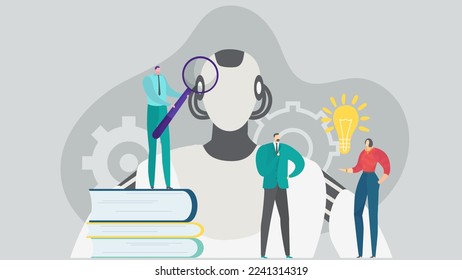 Robot technology, learn robotics concept vector illustration. Artificial intelligence futuristic machine for science, web page. Man woman character
