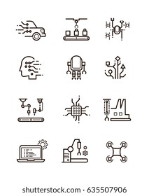 Robot technology and robotic machinery line vector icons. Artificial intelligence symbols