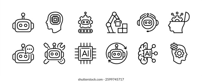 Robot technology thin line icon vector set. Contains artificial intelligence or ai, brain chips, automatic machine, customer support, communication, repair, gearwheel, smart tech, process, automation