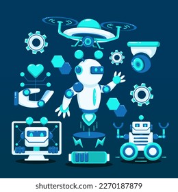 Vectores de tecnología robótica. Robots voladores, robots con ruedas, robots digitales, drones y batería