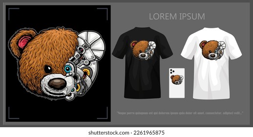 Diseño de camiseta con ilustración de la cabeza de oso de peluche robot con maquillaje completo con maquillaje.