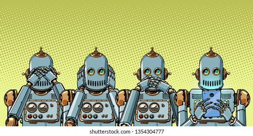 robot with telephone, Internet addiction concept. not see hear say. Pop art retro vector illustration vintage kitsch