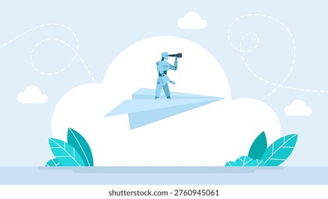 Robot with telescope flying on a paper plane through the sky, representing artificial intelligence searching for new business opportunities and future technology vision. Vector illustration.