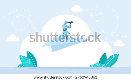 Robot with telescope flying on a paper plane through the sky, representing artificial intelligence searching for new business opportunities and future technology vision. Vector illustration.