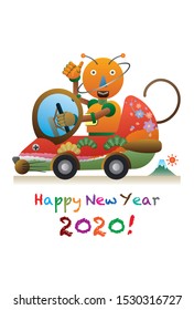 A robot that drives a mouse-type car.  New years greeting card. 
