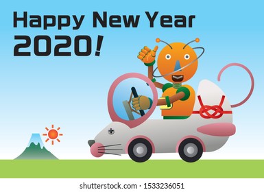A robot that drives a mouse-type car.  New years greeting card. 