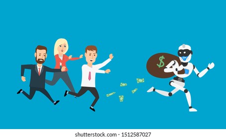 robot thief in mask run away from people with money bag. stealing finance crime concept