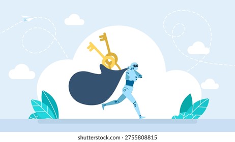 Robot thief in mask running away and carrying big heavy bag with golden keys, representing artificial intelligence data theft, cyber crime or security breach concepts. Vector illustration.