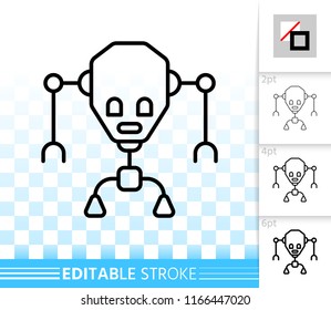 Robot thin line icon. Outline sign of cute character. Robotic Humanoid linear pictogram with different stroke width. Simple vector symbol, transparent backdrop. Robot editable stroke icon without fill