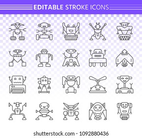 Robot thin line icons set. Outline web sign kit of toy. Character linear icon collection includes transformer, cyborg, machine. Editable stroke without fill. Robot simple vector symbol