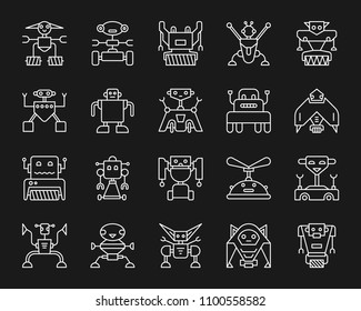 Robot thin line icons set. Outline monochrome web sign kit of toy. Character linear icon collection includes transformer, cyborg, machine. Simple robot white symbol vector Illustration