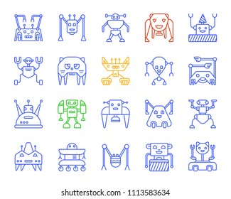 Robot thin line icons set. Outline monochrome web sign kit of character. Transformer linear icon collection includes toy, spider, machine. Simple robot contour symbol on white. Vector Illustration
