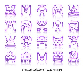 Robot thin line icons set. Outline vector violet sign kit of character. Transformer linear icon collection includes bear, toy, ai. Simple robot purple contour symbol with reflection isolated on white