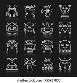 Robot thin white line with reflection icon set.  Transformer vector linear symbol pack. Cyborg outline sign without fill. Simple cute character, friendly, household ai web, logo, print, design concept