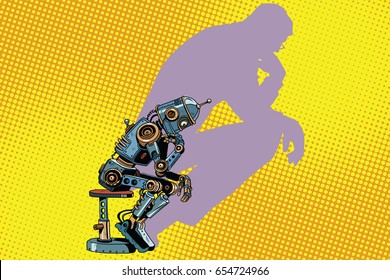 Robot thinker with the shadow of a man. Progress and humanity. Pop art retro vector illustration