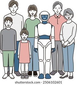 A robot and a three-generation family stand side by side