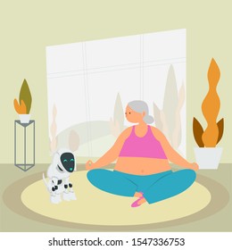 Robot together with the elderly woman do exercises flat vector illustration. Robot assistant for handicapped, futuristic elderly care concept. Replacement of human labor, medicine automation.